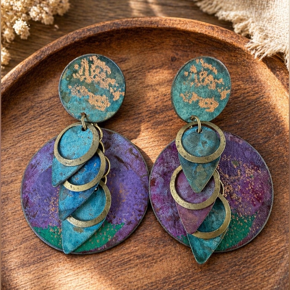 Vintage Patina Metal Statement Earrings Artisan Geometric Studs Dangle Teal